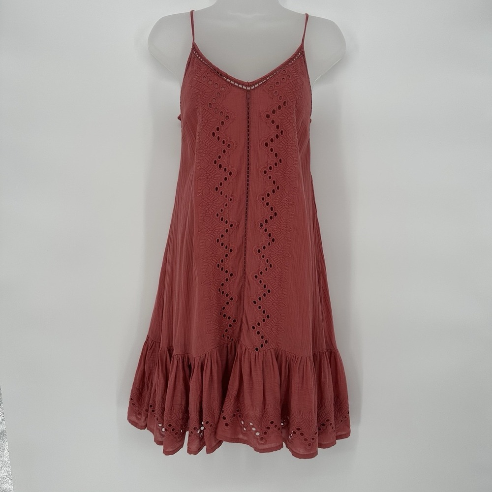 House Of Harlow 1960 Coral‎ Pink Eyelet Ruffle Hem Sundress Adjustable Cotton XS